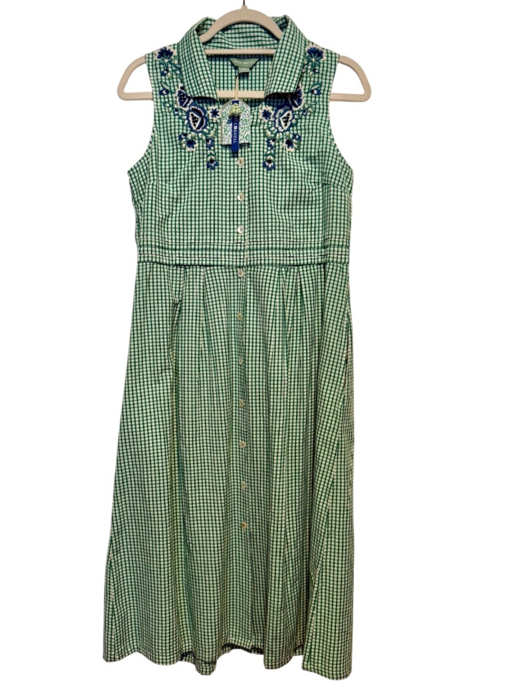 NWT April Cornell Emerald Check Porch Dress Embroidered Size XS Green White